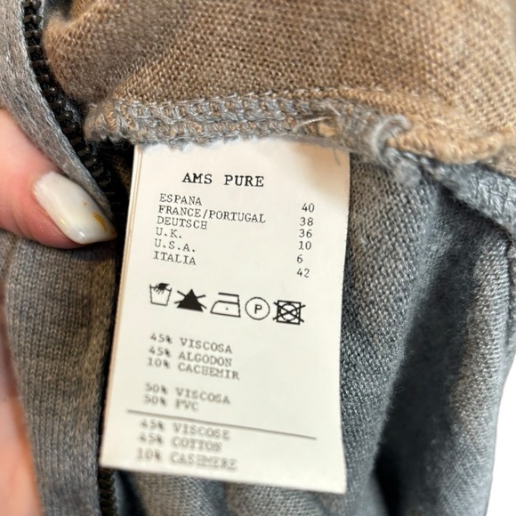 AMS PURE Rivet Sleeve V Neck Color Block Back Zip Cashmere Blend Sweater Size 6 - Picture 10 of 13